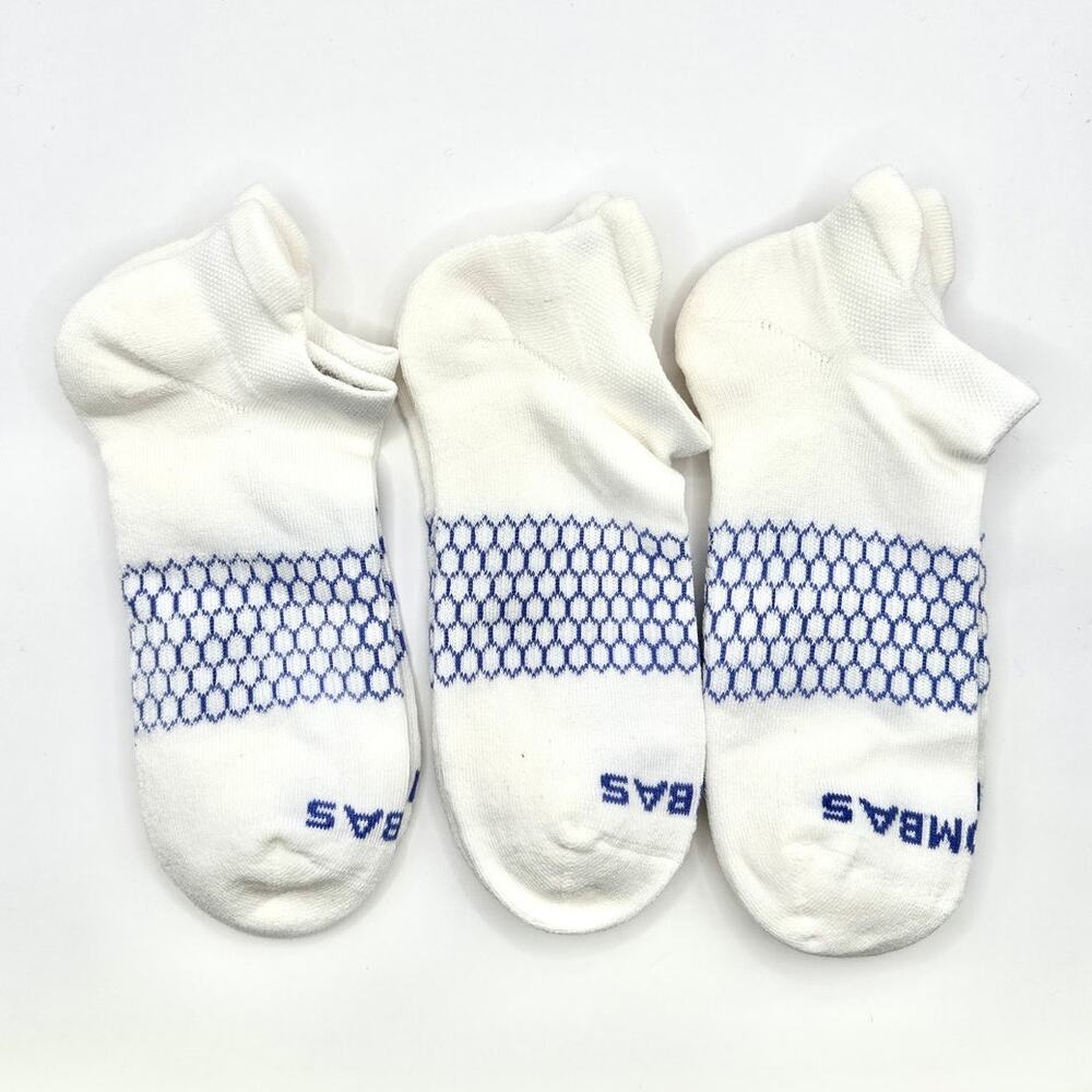 Bombas White Ankle Socks with Blue Honeycomb Pattern